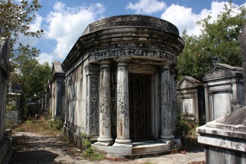 Obraz premium Historic New Orleans Cemetery: A Glimpse into Elegant Mausoleums and Weathered Gravestones