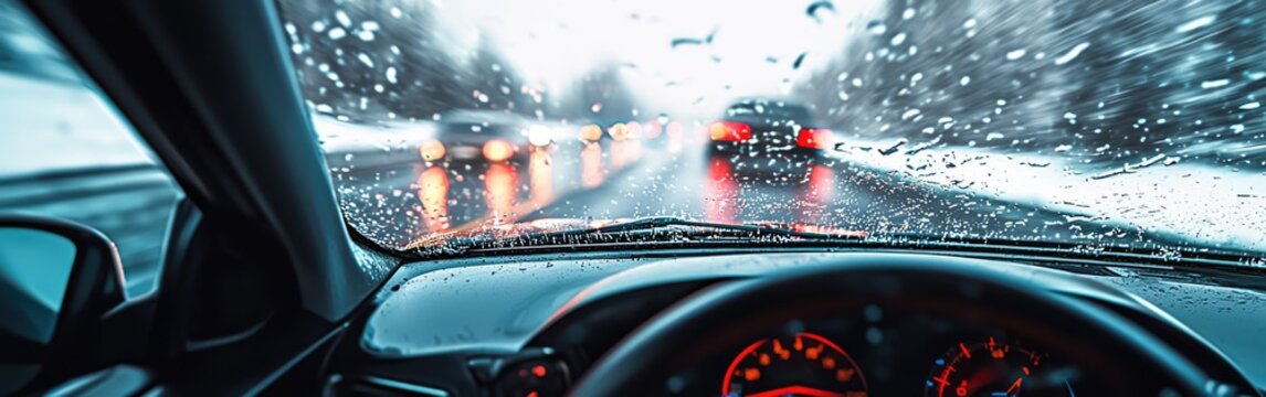 A dramatic winter scene featuring a car navigating through a rainy and snowy road with blurred lights in the background.
