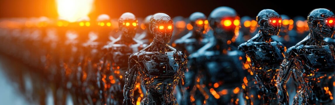 A futuristic scene depicting a line of humanoid robots with glowing eyes standing in a striking formation against a dramatic sunset backdrop.