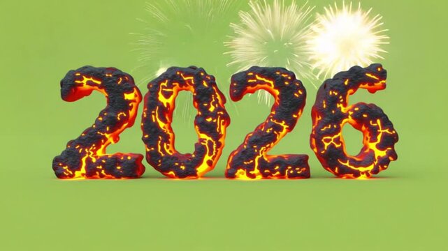 Illustration of the year two thousand twenty six with fireworks on a green background video