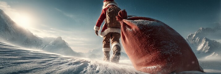 Santa Claus trudges through a snowy mountain pass, carrying a heavy sack of gifts. The image conveys determination and the festive spirit of Christmas deliveries.