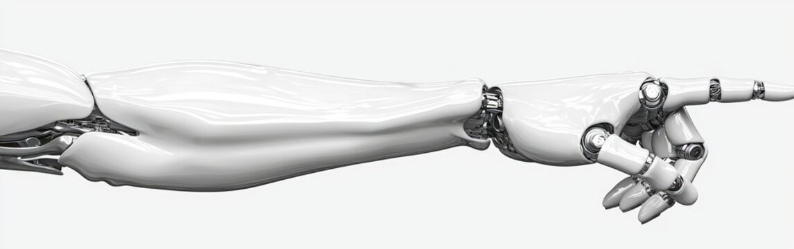 A futuristic robotic hand pointing with intricate mechanical details and smooth metallic textures.
