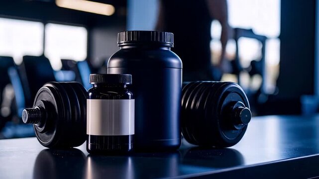 Close-up of dumbbells and supplement containers on a table in a gym setting, suggesting fitness and health.
