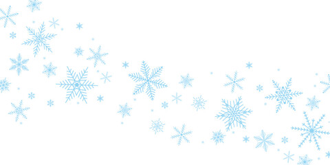 Abstract border with blue snowflakes isolated on white background. Christmas card with snowfall. Horizontal banner with New Year decoration. Vector illustration.
