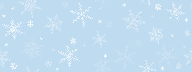Christmas seamless background with white snowflakes on a delicate blue. It's snowing! New Year horizontal banner.  Snowfall greeting card. Vector illustration.