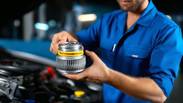 Hands of technician with diagnostic tools examining defocused damper unit in foreground, with copy space