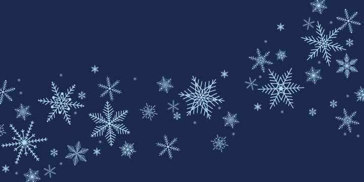 Christmas background with white snowflakes on a dark blue. Horizontal banner with New Year snowfall decoration. Elegance greeting card vector illustration.