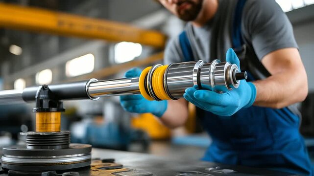 Over shoulder view of faceless mechanic inspecting polished suspension strut assembly on workbench, with copy space
