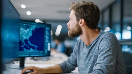A bearded man in casual attire intently works at his desk with several screens displaying data and code. The contemporary workspace highlights a professional and innovative tech environment - Powered by Adobe