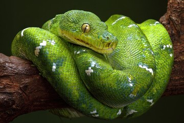 Fototapeta premium Emerald Tree Boa Coiled in Lush Foliage: A Closeup of Nature's Colorful Constrictor Predator