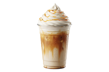 caramel frappe, iced latte with whipped cream, caramel drizzle