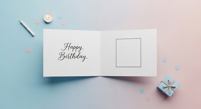 Birthday greeting card with a gift and candle on a pastel background perfect for celebrations and special occasions with space for a personalized message