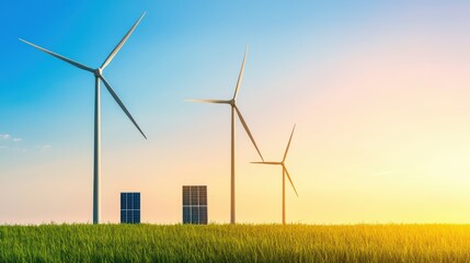 Renewable Energy Sources in Harmony with Nature under a Blue Sky and Bright Sunlight at Dusk