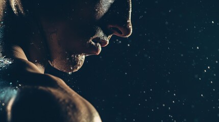 Close-up of a Determined Young Male Swimmer with Water Droplets on Skin in Dark Pool Setting