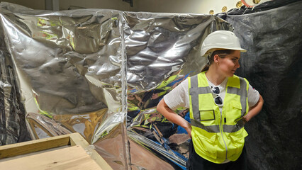 Confident woman engineer in reflective vest and helmet during inspection at modern construction facility