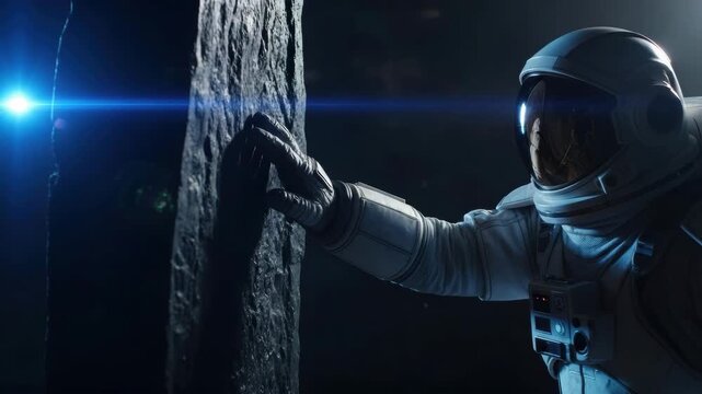 Astronaut explores mysterious monolith touching surface in deep space discovery