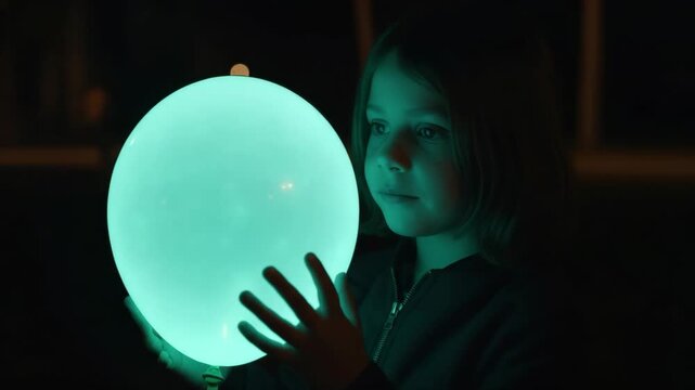 Child's wonder: enchanting glow of a luminous orb in darkness