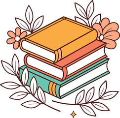 A charming hand drawn illustration of a stack of three colorful books surrounded by whimsical floral elements and leaves in a simple artistic style