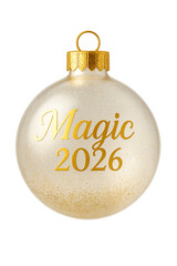 Clear holiday bauble with shimmering gold &ldquo;Magic 2026&rdquo; lettering and glitter details. Modern Christmas decoration on transparent background.