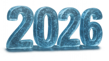 Ice sculpture of the new year 2026, realistic 3D number isolated on transparent background (for dark background)
