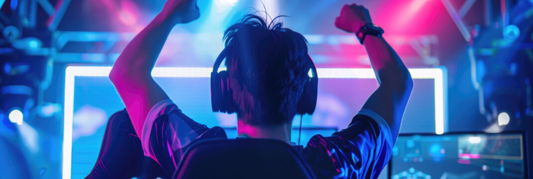 A group of dancers forming a symmetrical pose surrounded by pink and blue neon lighting