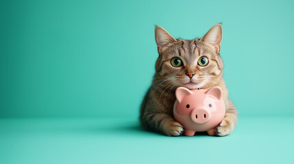 Charming cat with piggy bank on turquoise background. Colorful banner for savings theme, financial offers and bank promotions