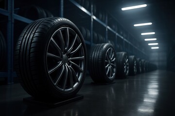 modern tire storage facility with rows of premium car tires featuring polished turbine-style alloy rims, illuminated by cool industrial lighting in a clean, organized environment.