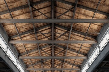 Obraz premium Architectural Beauty of Industrial Exposed Ceiling Featuring Timber and Steel Elements Against a Textured Backdrop