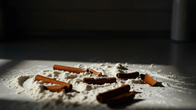 Cinnamon sticks in flour dramatically lit by sunlight in progressive frame sequence