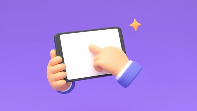 Cartoon hands holding a blank tablet, one finger touching the screen