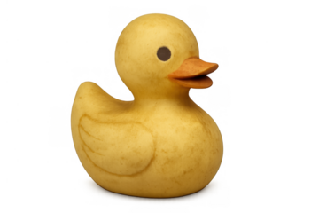 Yellow aged rubber duck toy on transparent background, vintage bath time fun, childhood nostalgia