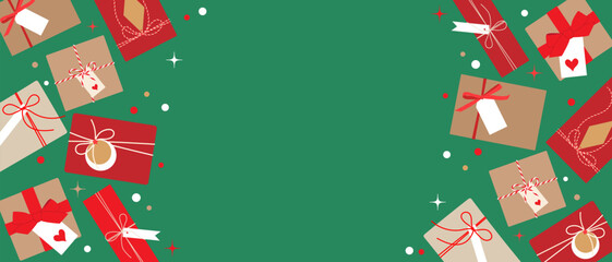 Horizontal flat hand drawn Christmas frame with gift boxes. Festive minimalist holiday composition with present, bow and ribbon on green background. Vector illustration EPS10