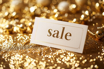 Close-up of large business card with a bold "sale" inscription on golden sparkling bokeh background. Perfect for advertising, seasonal promotions and holiday sales campaigns