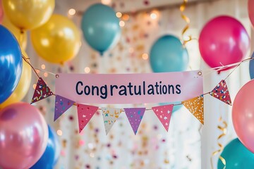 Party themed photography bold congratulatory banner with colorful decor elements, perfect for event announcements and invitations