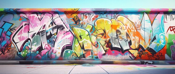 Wide Panoramic View of Faded and Vivid Urban Graffiti Art on a Concrete Wall with Sidewalk. Versatile background for youth culture, street wear, music, and urban design projects.