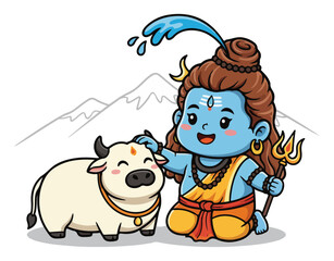 Baby Lord Shiva Petting Nandi – Cute Blue Hindu God with Cow Cartoon Vector Illustration