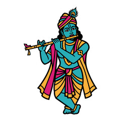 Lord Krishna Playing Flute – Colorful Hindu God Standing Pose Vector Illustration