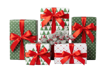 Five elegant Christmas gift boxes with red satin ribbons, various green/white patterns, and frosted juniper berries on a transparent studio background. Macro product photography concept