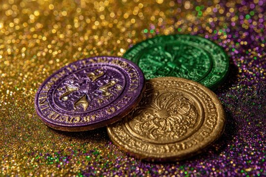 Vibrant Mardi Gras Doubloons on Shimmering Gold Backdrop: A Celebration of Louisiana Culture