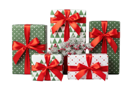 Five elegant Christmas gift boxes with red satin ribbons, various green/white patterns, and frosted juniper berries on a transparent studio background. Macro product photography concept