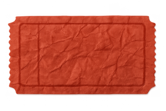 Red blank crumpled ticket stub with serrated edges, ready for custom text or numbers, on a transparent background