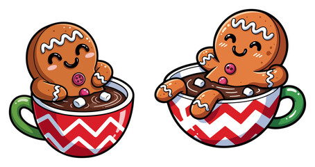 Gingerbread Man in Hot Cocoa – Cute Christmas Cookie Relaxing in Mug Cartoon Vector Illustration Set