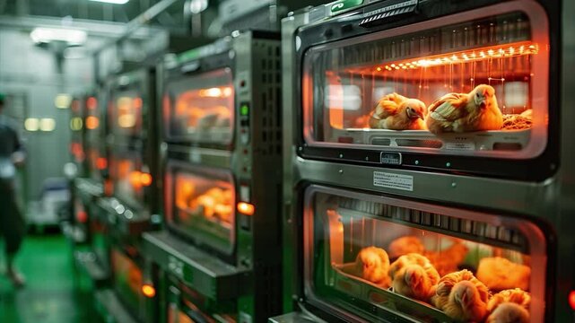 In a modern facility, several incubators contain newly hatched chicks. The warm environment helps the chicks grow healthily. Workers monitor the process to ensure proper care and conditions