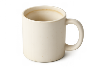 Empty ceramic mug with coffee residue, displaying morning routine, relaxation, or office break concept on transparent background