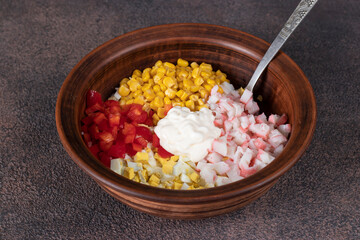 Salad with crab sticks, egg, corn and sweet pepper for pita cones, step-by-step instructions