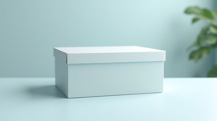 Light blue box with lid on a matching surface, indoor with plant