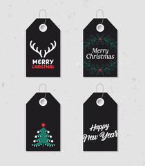 Collection of four vintage Christmas and New Year gift tags. Set of festive gift tag, sticker, label. Template for banner, invitation, postcard, card, wrapping, packaging. Vector illustration.
