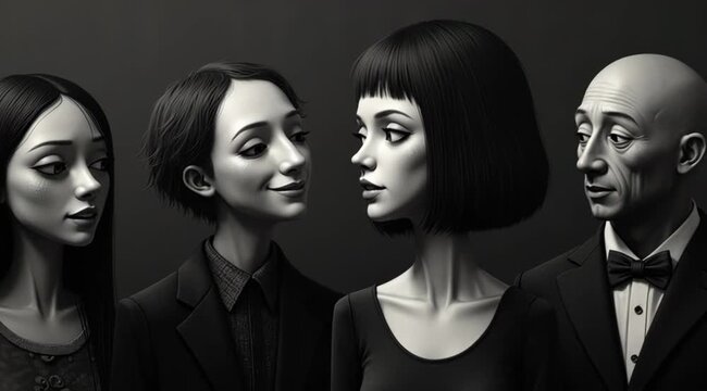 Four unique characters stand side by side in a minimalist black and white setting. Each character showcases distinct expressions and hairstyles, creating a captivating visual experience