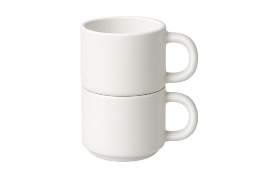 Stacked white ceramic mugs, stackable drinkware for coffee and tea, kitchenware on transparent background
