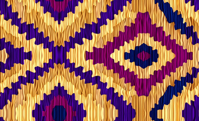 Seamless ikat textile pattern in purple, yellow and blue with shiny silky fabric texture effect